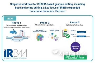 Stepwise workflow for CRISPR-based genome editing, including base and prime editing, a key focus of IRBM’s expanded Functional Genomics Platform.