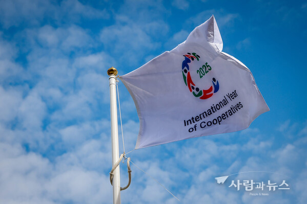 The UN 2025 International Year of Cooperatives (IYC) flag flying against a blue sky. The closing event of the IYC will take place during the second World Summit for Social Development in Doha, Qatar (4-6 November) (Photo: Co-operatives UK / Chris Foster Photography)